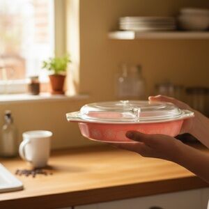 Vintage 1950s Pyrex pink and white Daisy divided casserole dish with divided lid